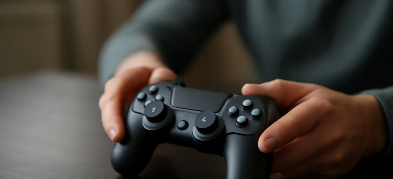A game controller resting on a dark desk in low, soft light