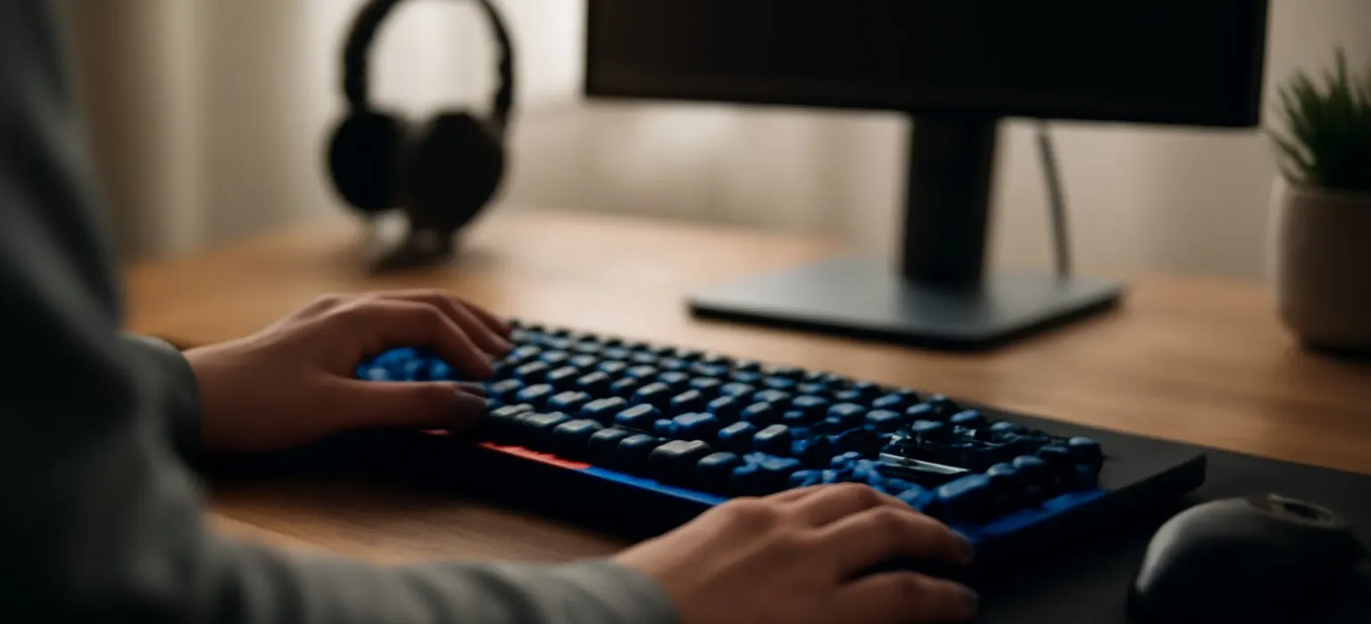 A backlit gaming keyboard and headset on a tidy desk in soft evening light