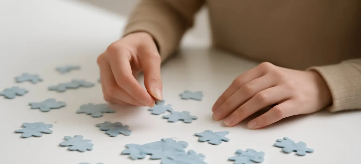 Scattered white jigsaw puzzle pieces on a plain white table with one piece out of place
