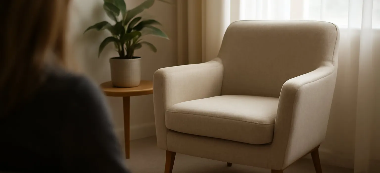 A quiet therapy office with an empty armchair, a side table and a green plant by a window