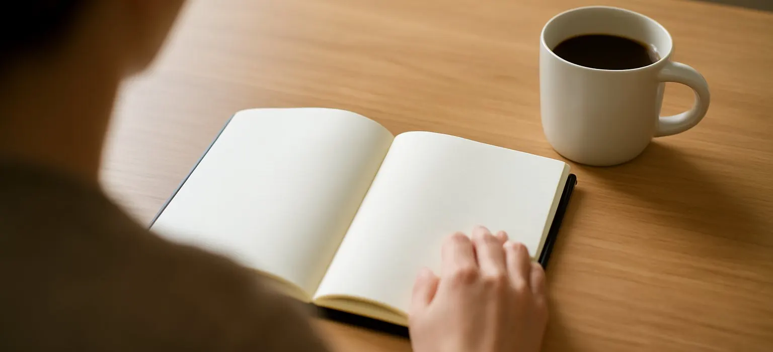 An open notebook with handwritten notes next to a cup of coffee on a wooden desk