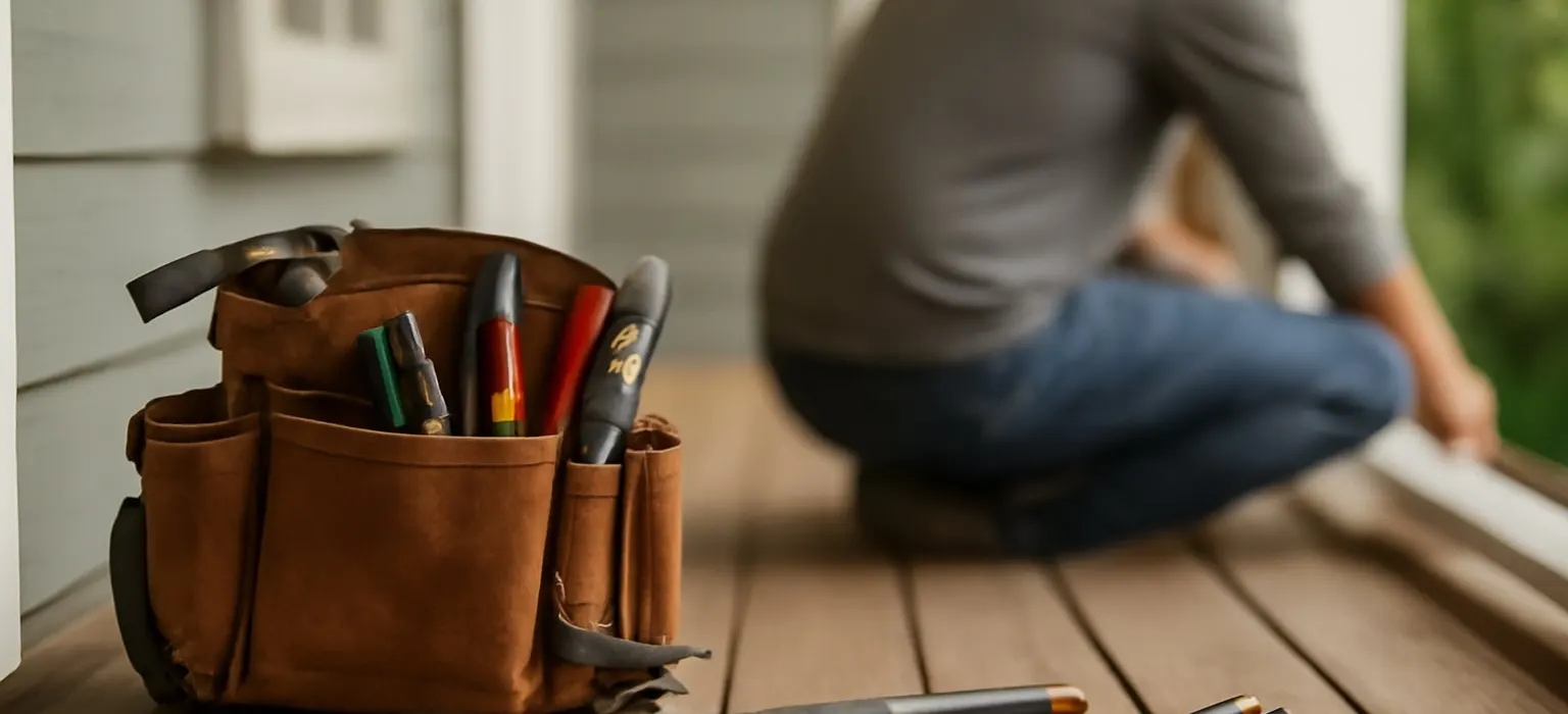 A set of hand tools and a folded work glove resting on the steps of a wooden porch