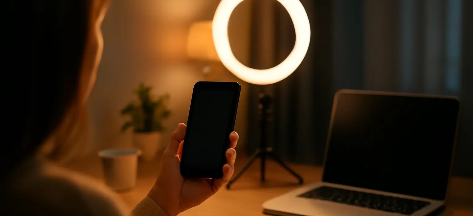 A phone on a small tripod beside a ring light on a tidy desk in the evening