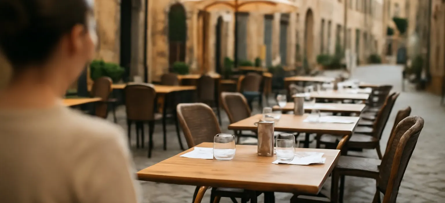 Outdoor restaurant terrace with empty tables on a historic street