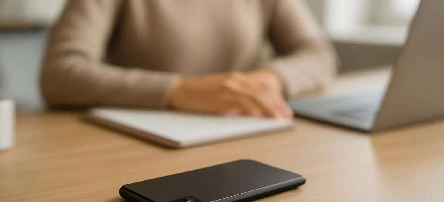 A smartphone lying face down on a plain desk next to a notebook