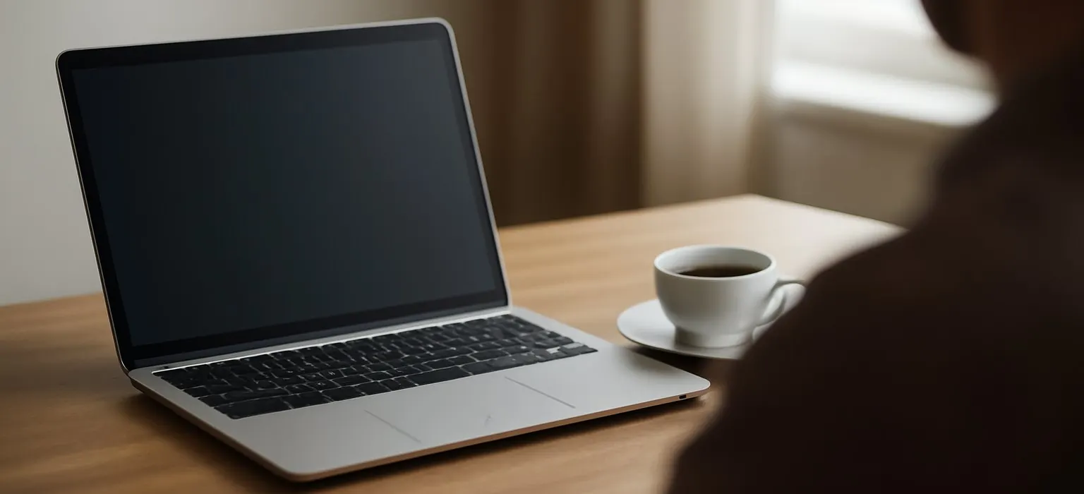 An open laptop on a clean wooden desk beside a cup of coffee and a small plant