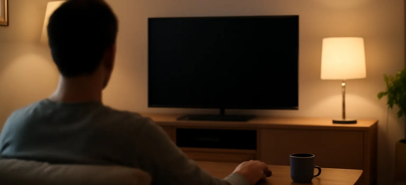 A switched-off television in a quiet living room lit by a single lamp in the evening