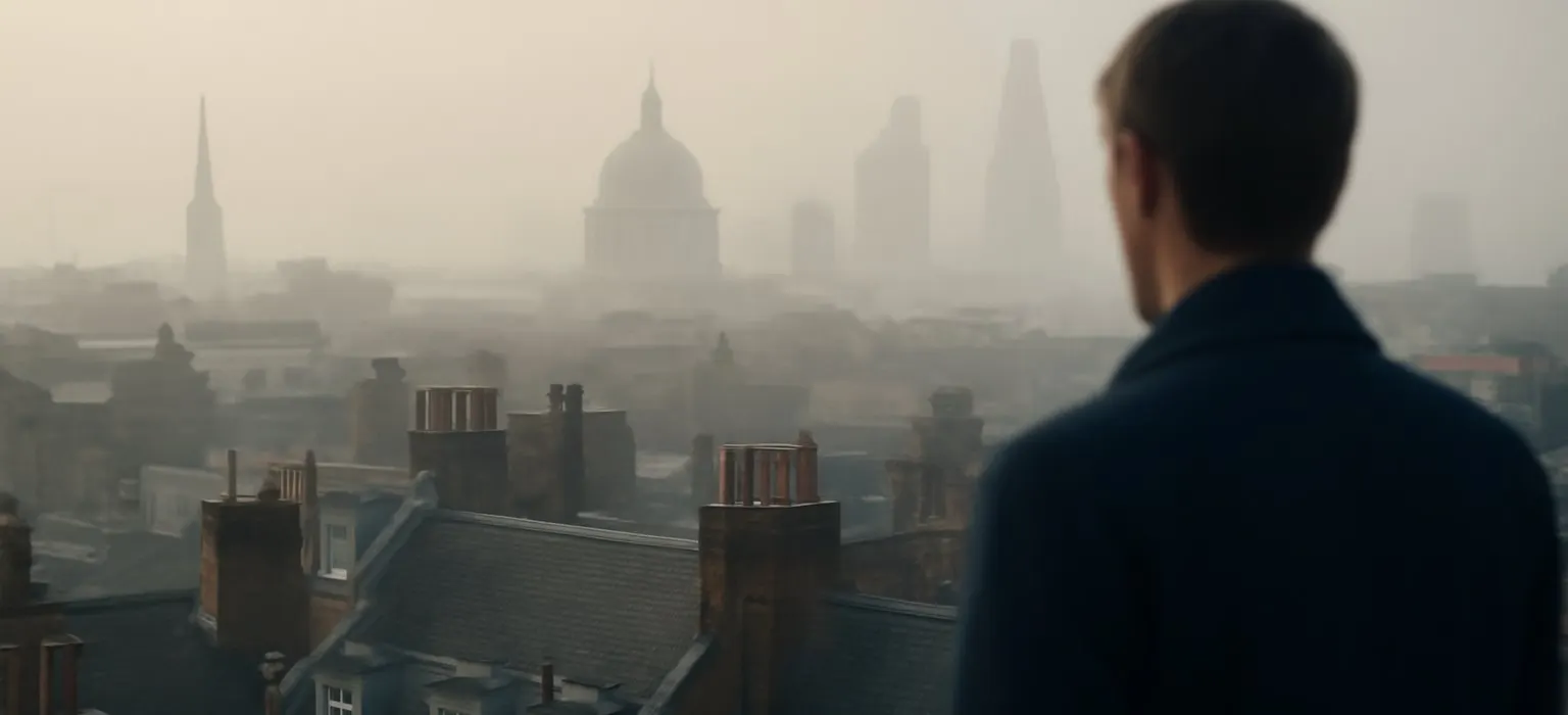 London rooftops and chimneys softened by early morning fog
