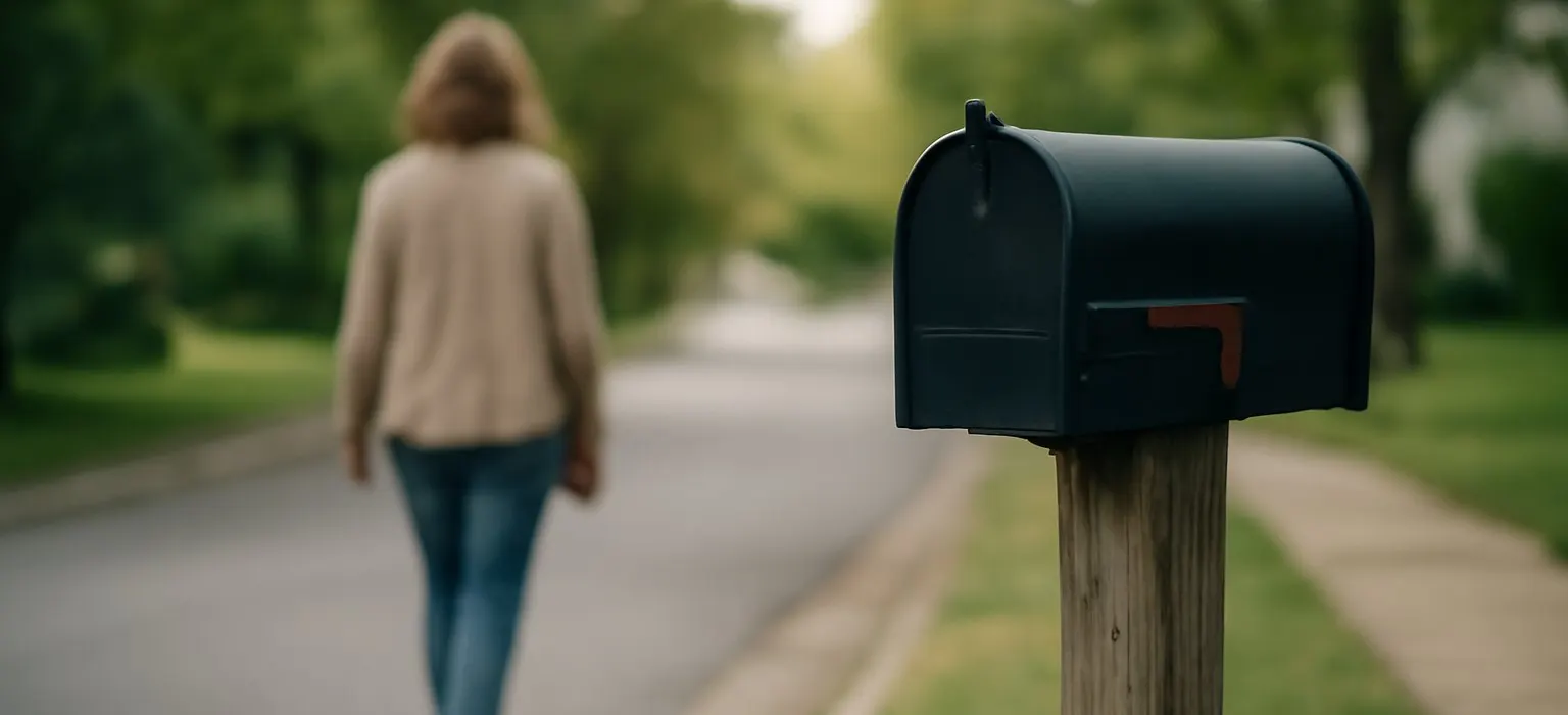A metal mailbox on a post beside a quiet residential street
