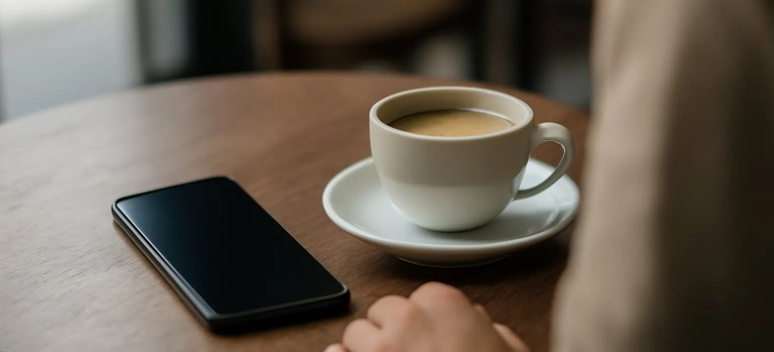 A smartphone lying face down on a small cafe table beside a cup of coffee