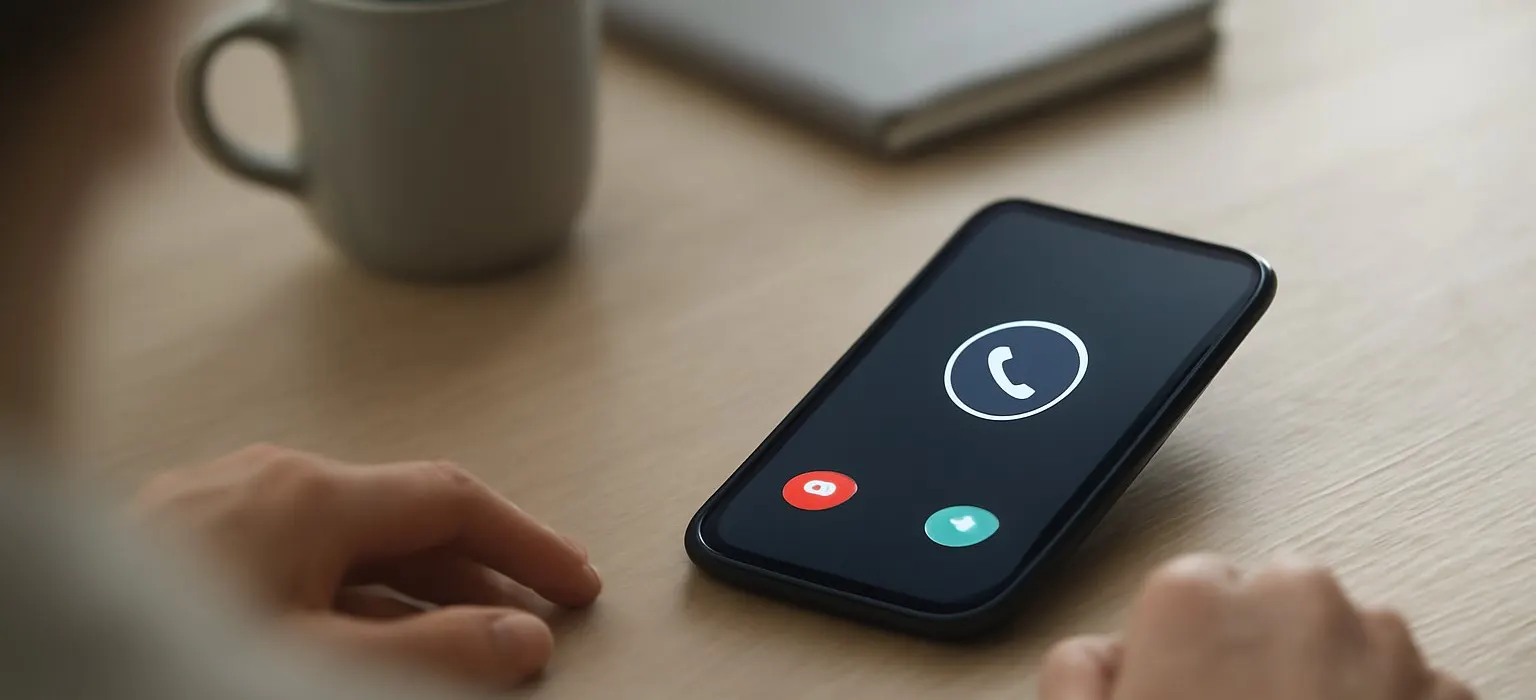 A smartphone lying face up on a wooden table with an incoming call on the screen