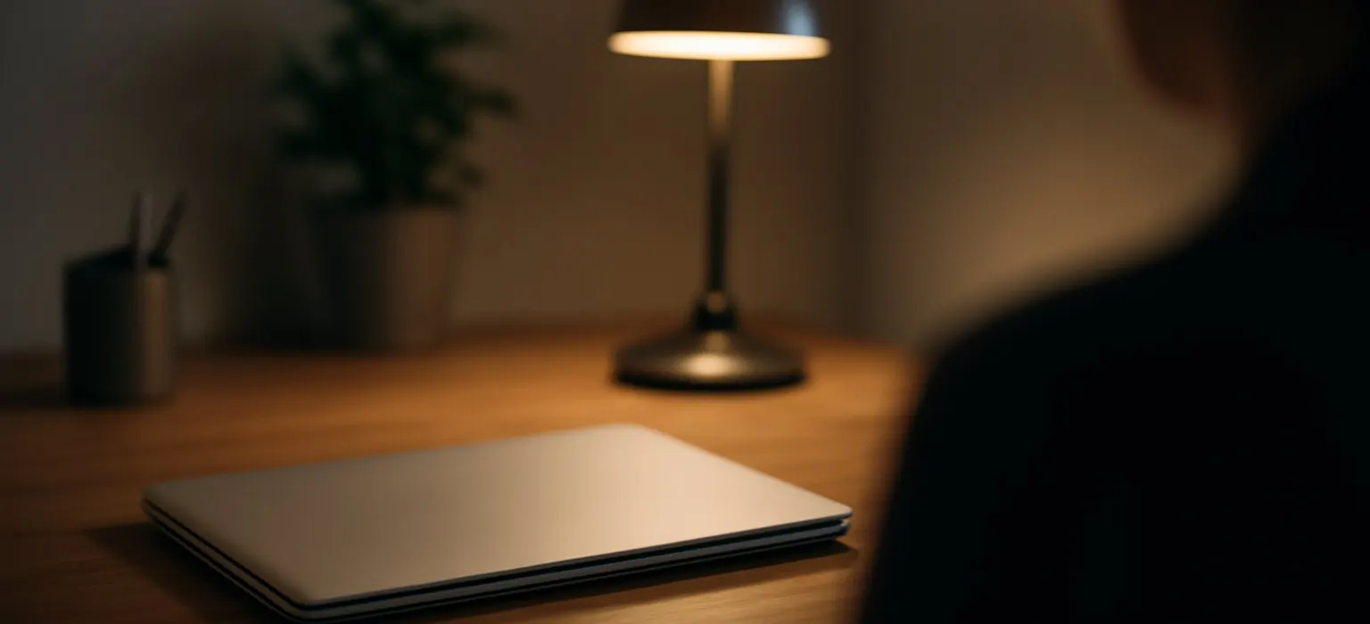 A closed laptop on a wooden desk lit by a warm desk lamp in the evening