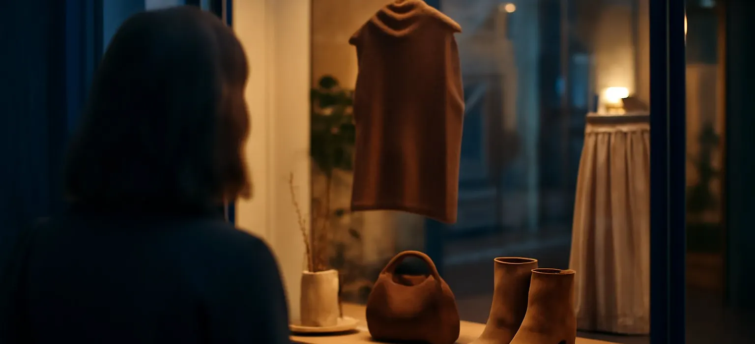 A small shop's lit front window at dusk with a simple sign above the door