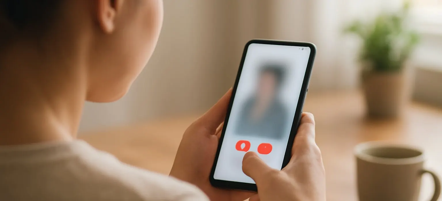 A smartphone lying on a table with a blurred messaging screen