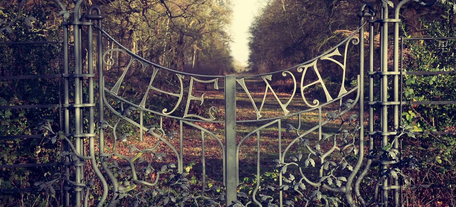 Ornate iron gate at the entrance to a woodland path