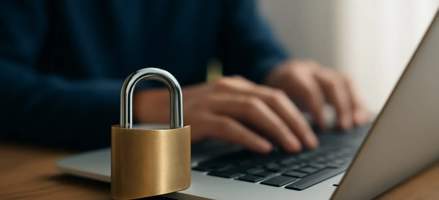 A metal padlock resting on a laptop keyboard in soft light