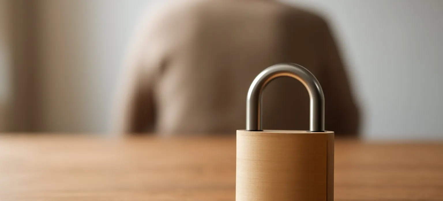 A small metal padlock resting on a wooden table in natural light