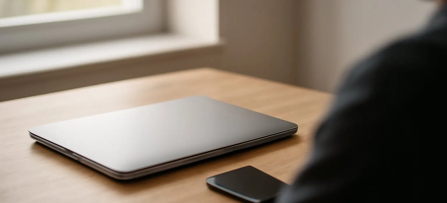 A smartphone lying face down on a bedside table beside a small lamp