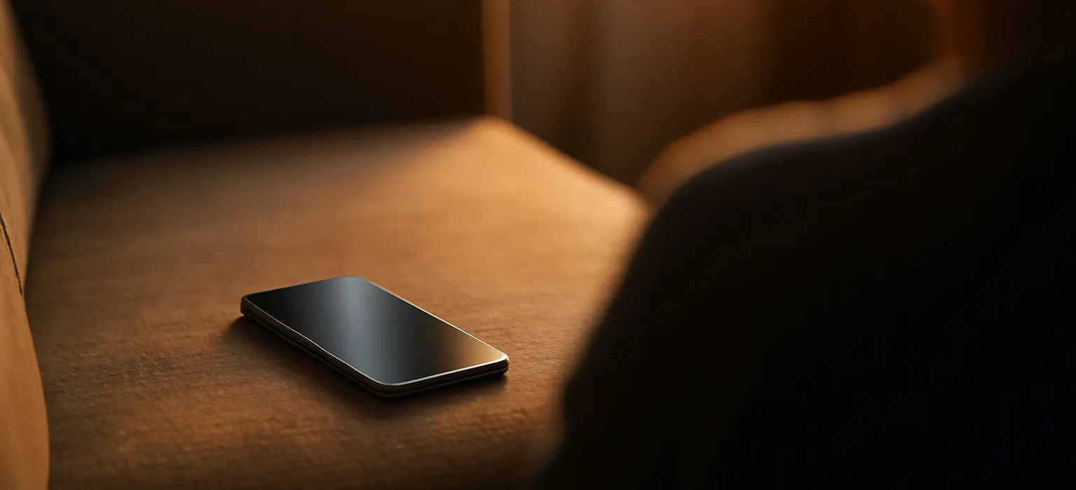 A smartphone resting on a sofa cushion in warm evening light