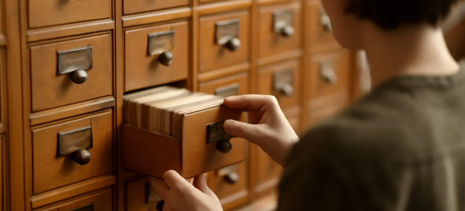 Rows of wooden card catalog drawers in a quiet library