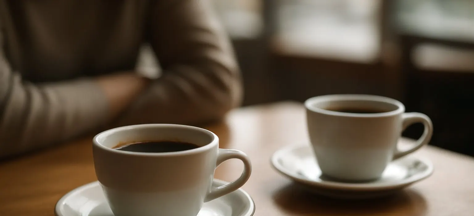 Two coffee cups on a small wooden cafe table near a window