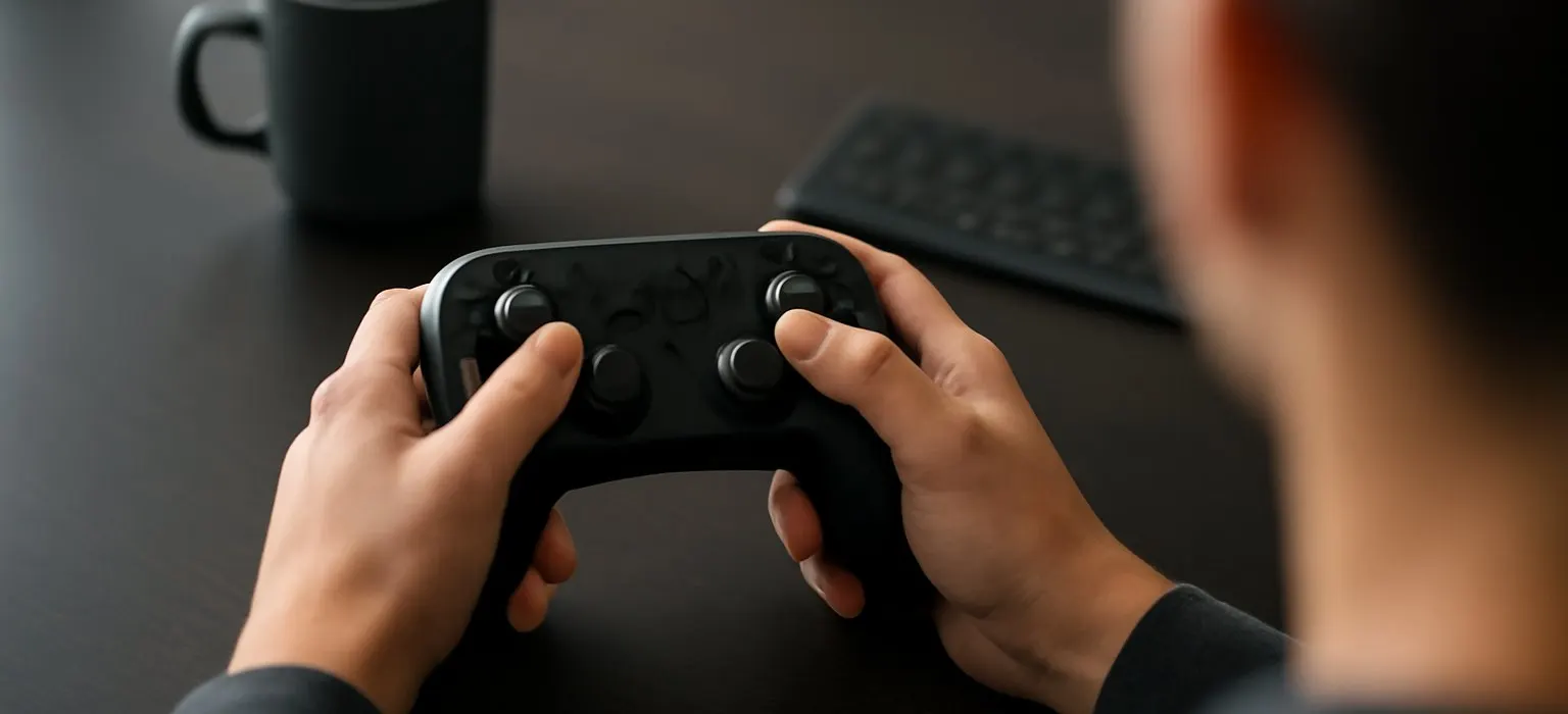 A wireless game controller resting on a dark wooden desk under soft lamp light