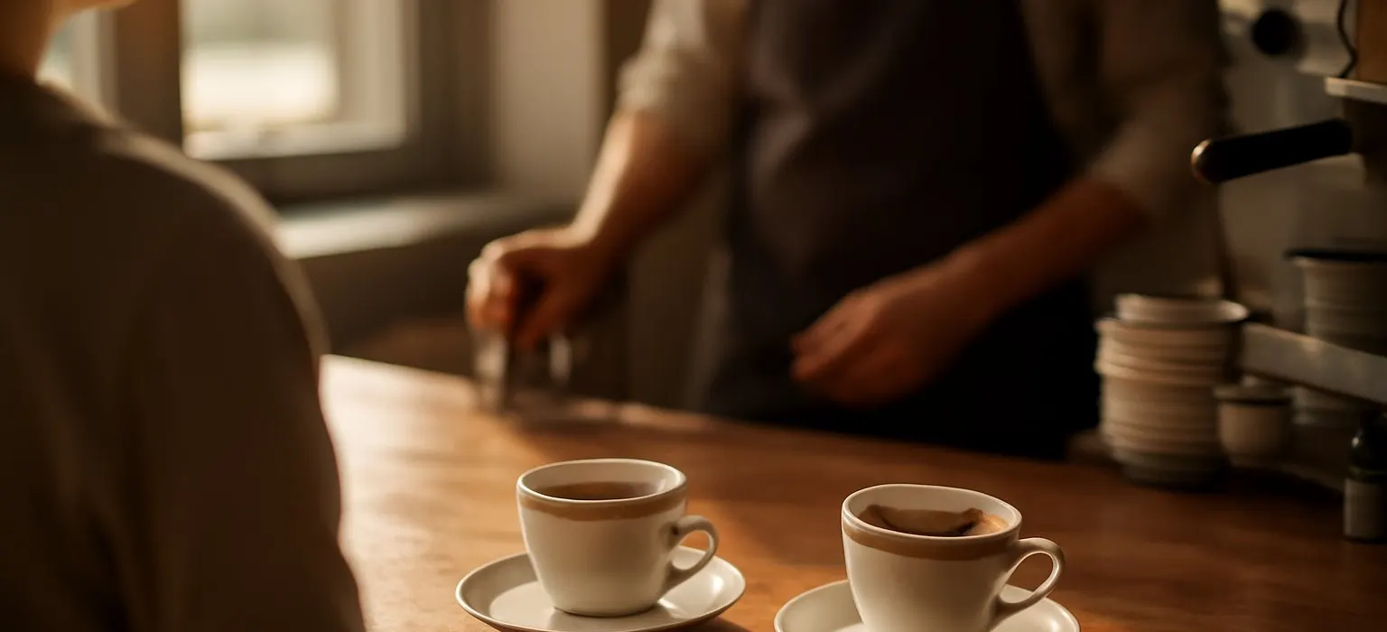 Cafe counter with coffee cups and pastries in soft morning light