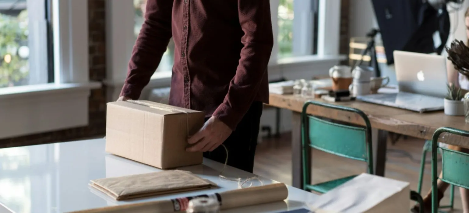 Person holding cardboard box on table