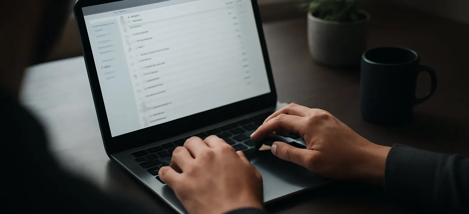 A laptop on a dark desk showing an email inbox on the screen