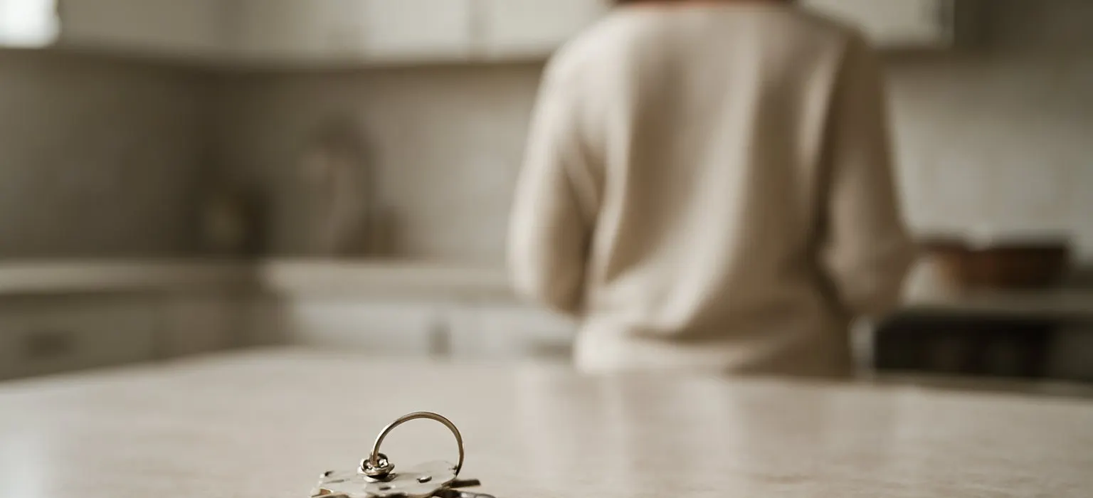 A set of house keys with a tag resting on a bright kitchen counter in an empty home